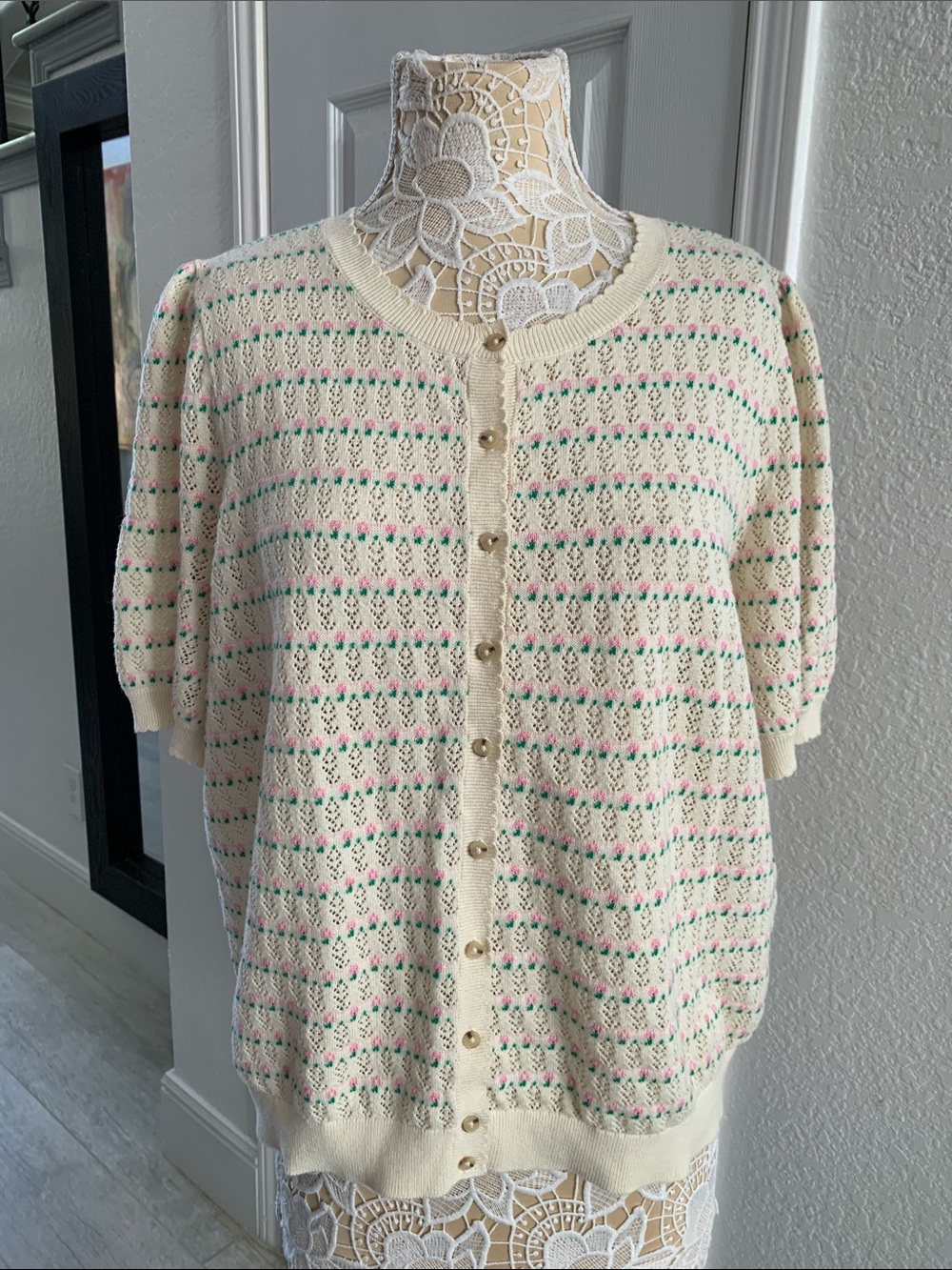 Boden Dot Pointelle Cardigan XL Cream Pink Green Cotton Puff Sleeve Sweater - Picture 7 of 15